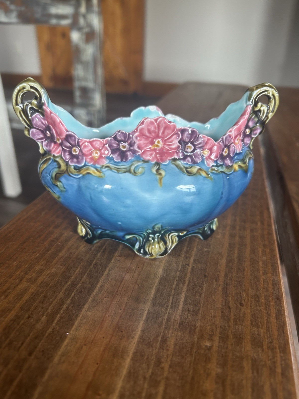 Antique French Barbotine Floral Blue Jardiniere Stilted Orchies Vase Planter