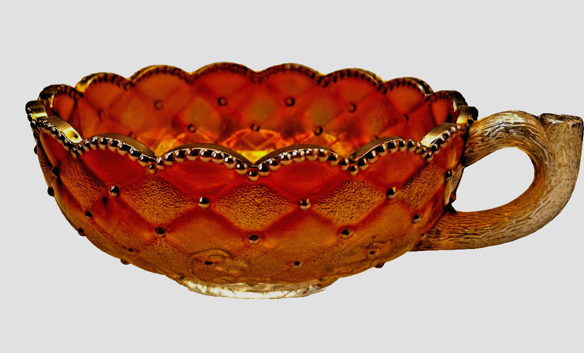 Vtg Marigold Carnival Glass Pansy Quilted Diamond Nappy Handle Bowl w/Beaded Rim