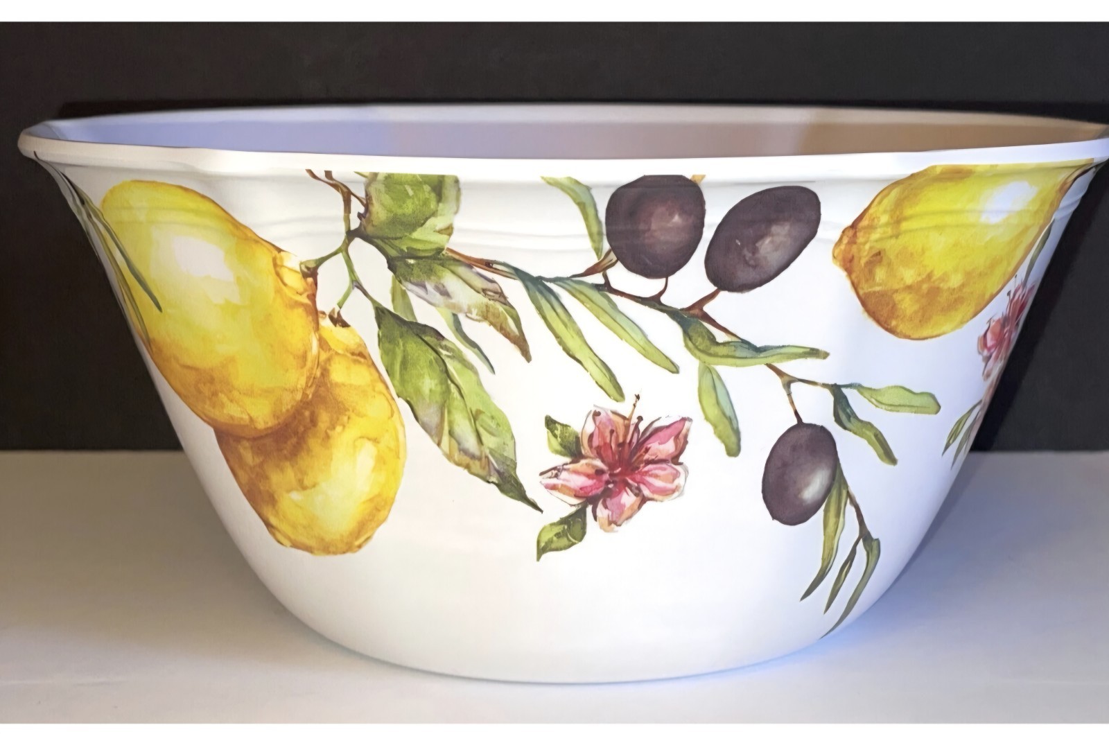 Shabby Chic Lemon Olives MELAMINE Serving Bowl Pink Floral Country Tuscany 9 In 