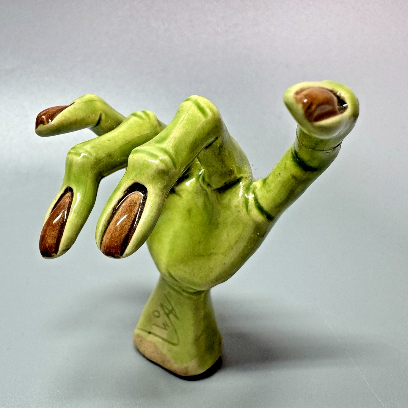 Signed Studio Art Pottery Green ZOMBIE/MONSTER/ALIEN Hand Figurine 2.5\