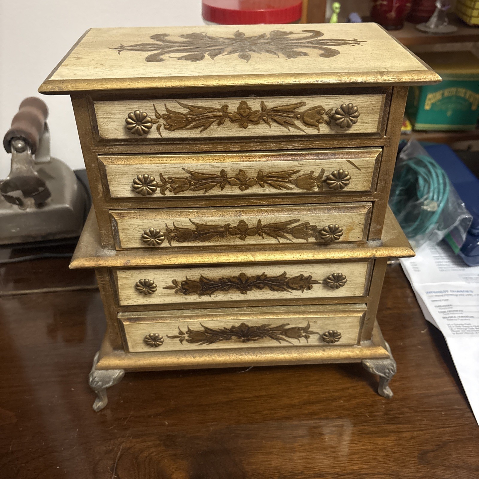 Vintage Florentine Jewelry Music Box Wood 5 Drawer Gold Gesso Claw Foot Italian
