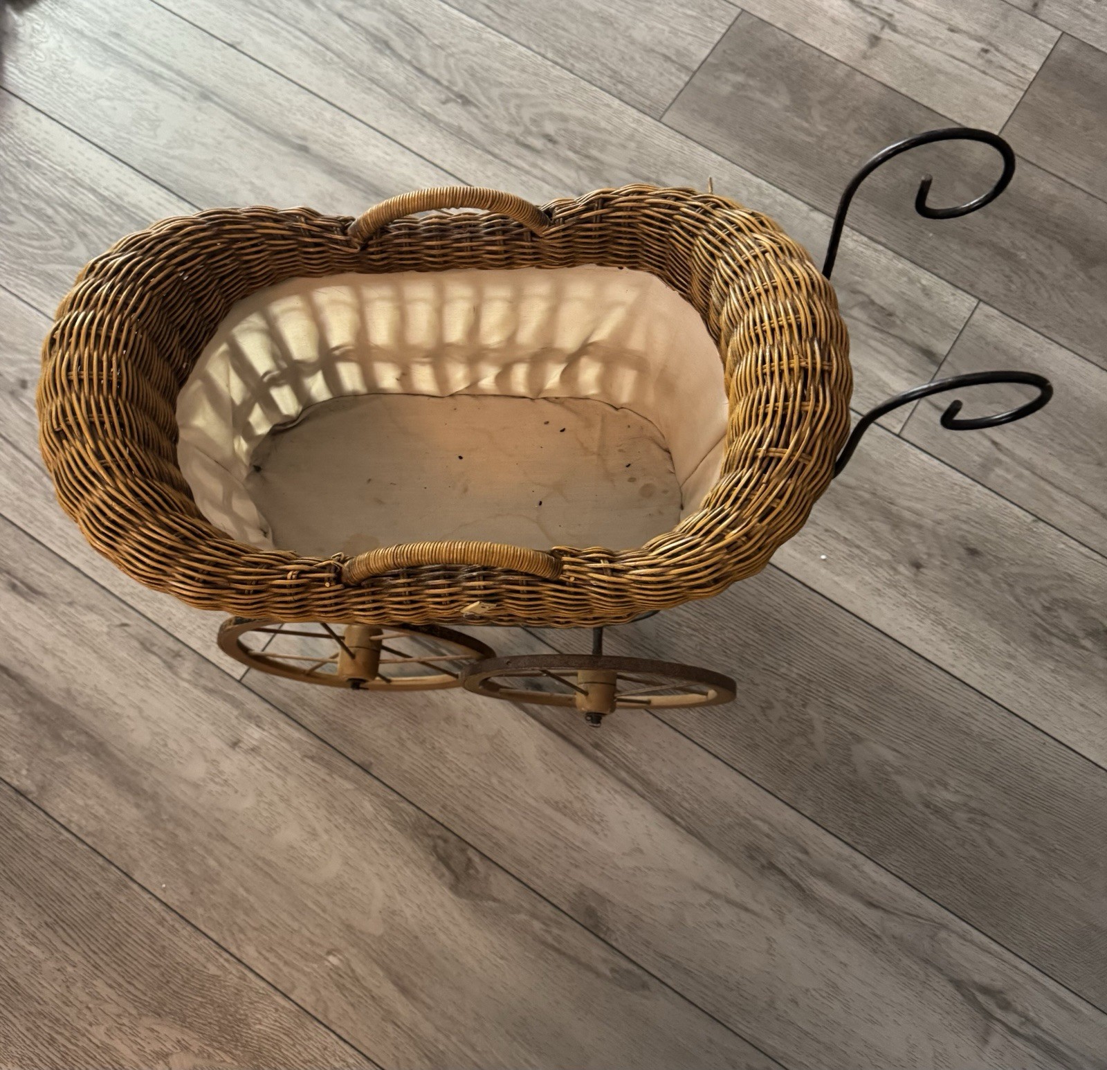 Vintage Brown Wicker Baby Carriage Buggy w/ Metal Frame, Wheels & Handle