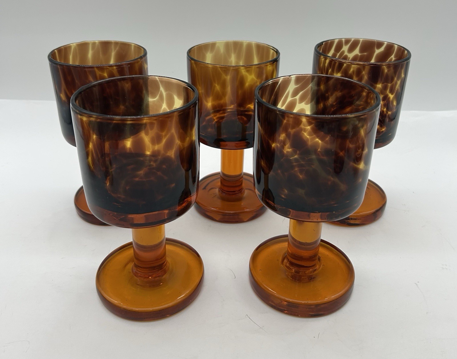 Set Of 5 Vintage Goblets Tortoise Shell Glass Leopard Murano Style MCM