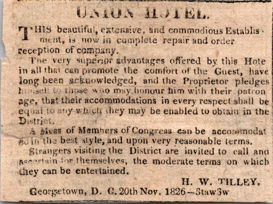 Union Hotel In Repair HW Tilley Georgetown DC 1827 Washington Clipping TAJ7-S32
