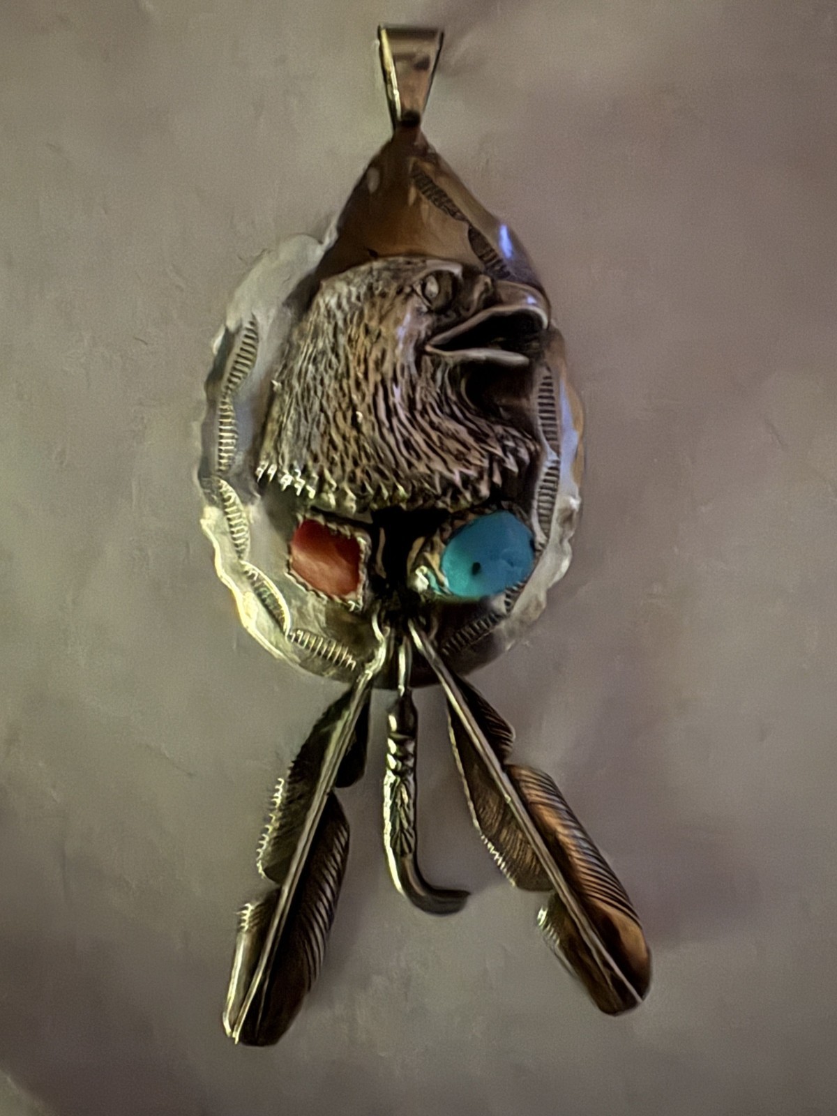 Astute Navajo Fred James Prewitt Sterling Silver Turquoise Coral Eagle Pendant 