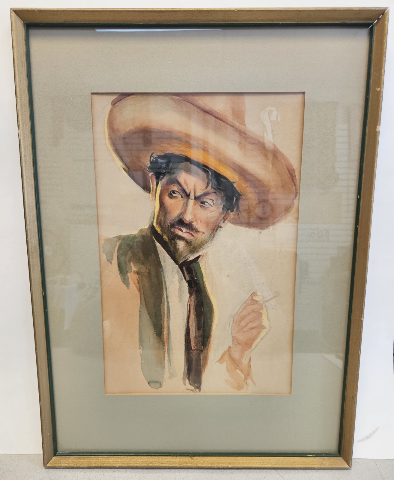 Vintage 1930s SMOKING MEXICAN BANDITO with SOMBRERO Gouache Oil Painting