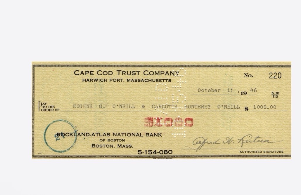 Eugene O’Neill & Carlotta Monterey,Signed 1946 Check, Nobel Playwright Autograph