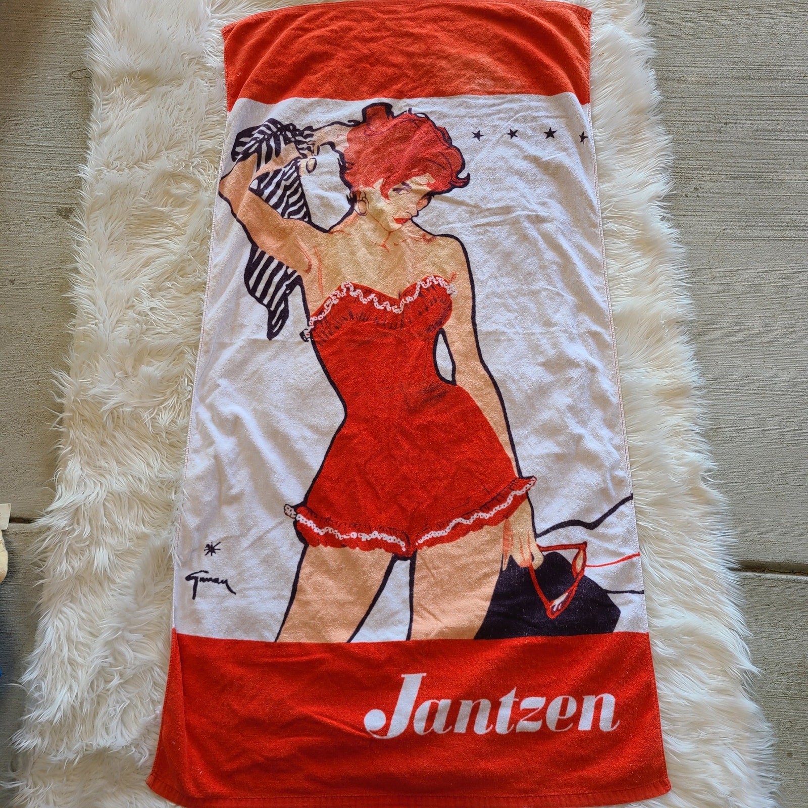 Vintage Jantzen Beach Towel Pinup 50\'s Rene Gruau Redhead Retro Swimwear Wrap