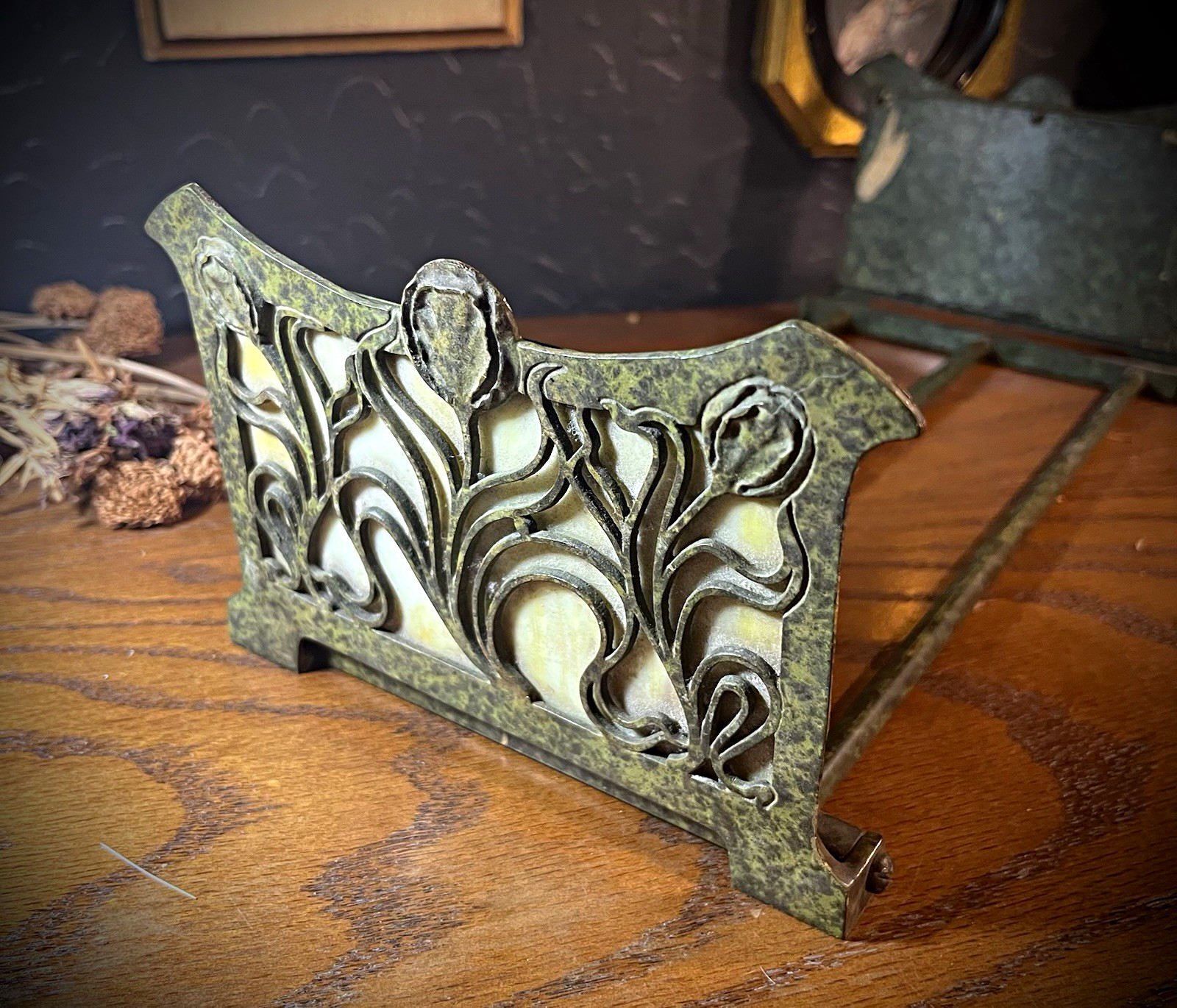 Antique Art Nouveau craft slag glass green metal book holder Bradley & Hubbard
