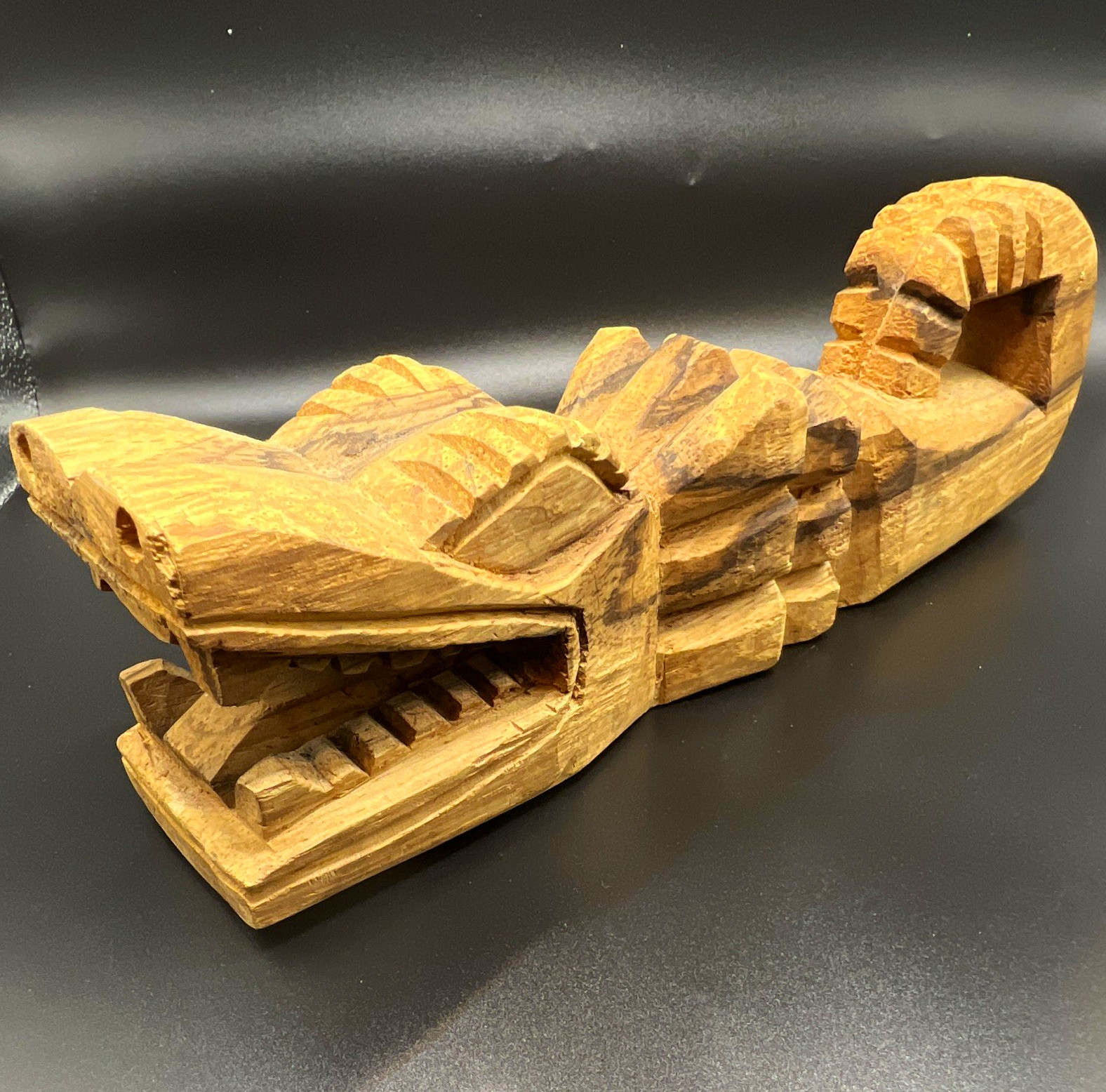 Vintage Hand-Carved Wood Serpent Dragon Crocodile Folk Art Sculpture 11 Inch