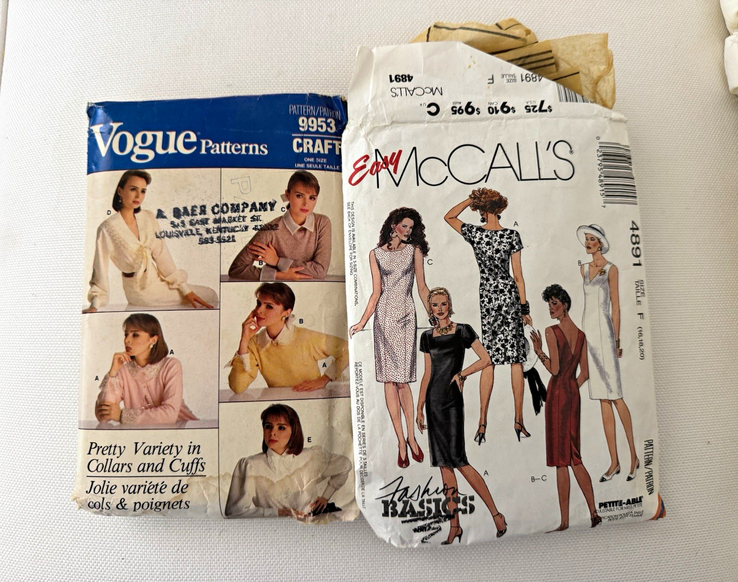 Vintage 1990s Sewing Patterns Lot Vogue 9953 McCalls 4891 Dresses Collars Cuffs