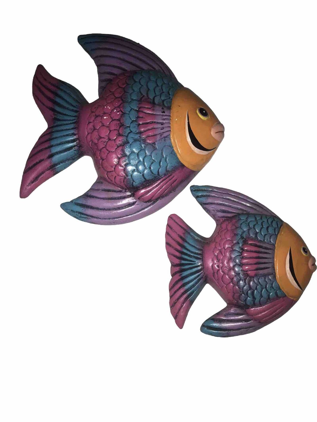 2 Vintage Ceramic Wall Angel Fish Pink  Blue,Orange Matching Set Big/small EUC