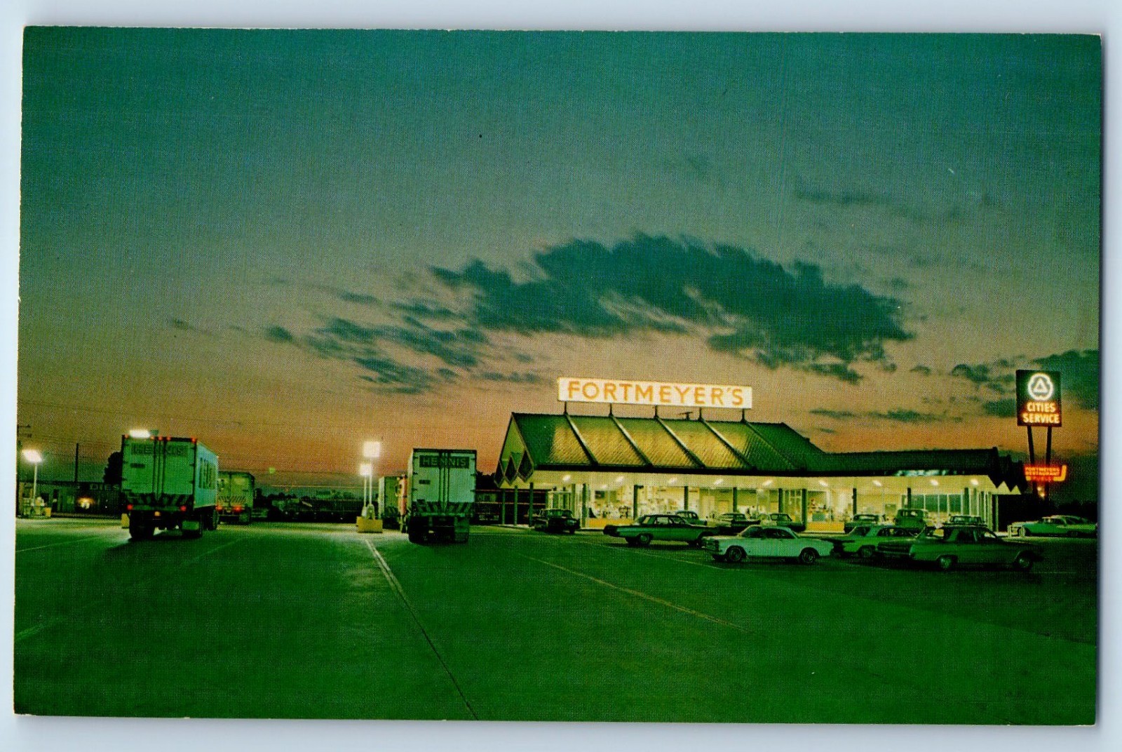 c1960 Fort Wayne Indiana IN Postcard Fortmeyer's Truck Stop Garage Service Night