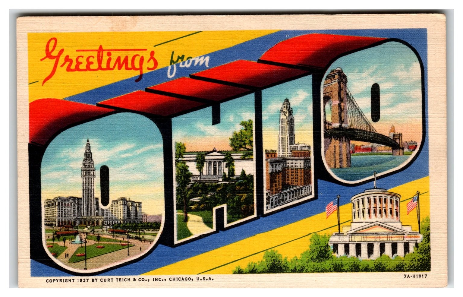 1937 Greetings from OHIO Large Letter Multi-View Postcard Curt Teich CT