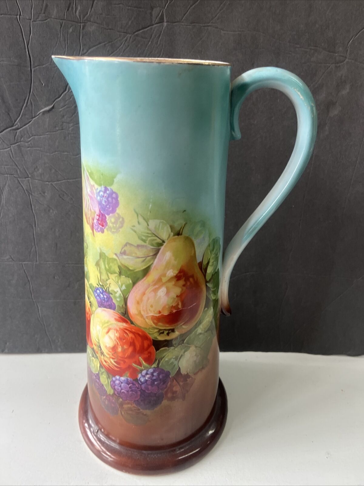 antique victorian painted fruit porcelain tankard pitcher Vase  signed e laport