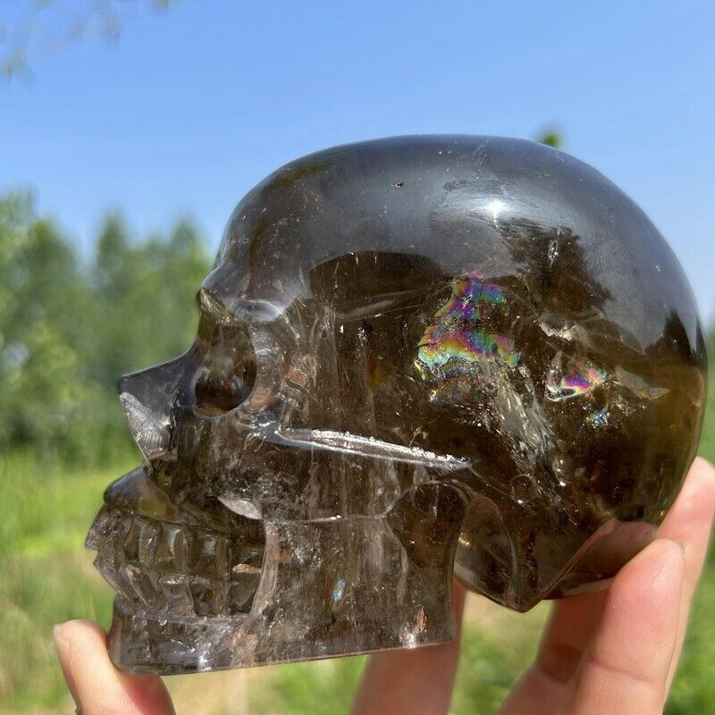 2.6LB Natural Smokey Quartz Skull Carved Crystal Reiki Skull Healing