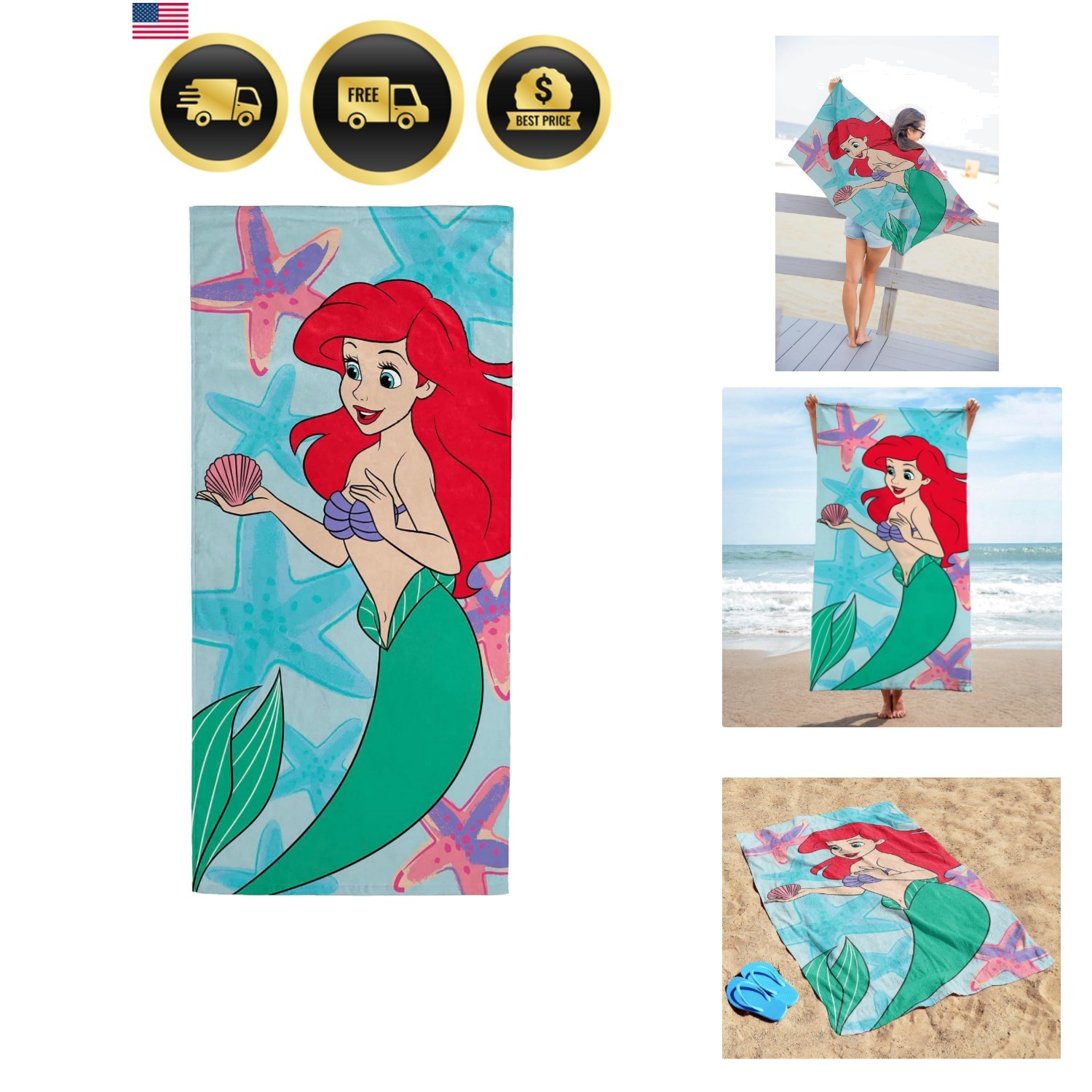 Disney Little Mermaid Ariel Princess Kids Bath Pool Beach Towel Soft, Multi