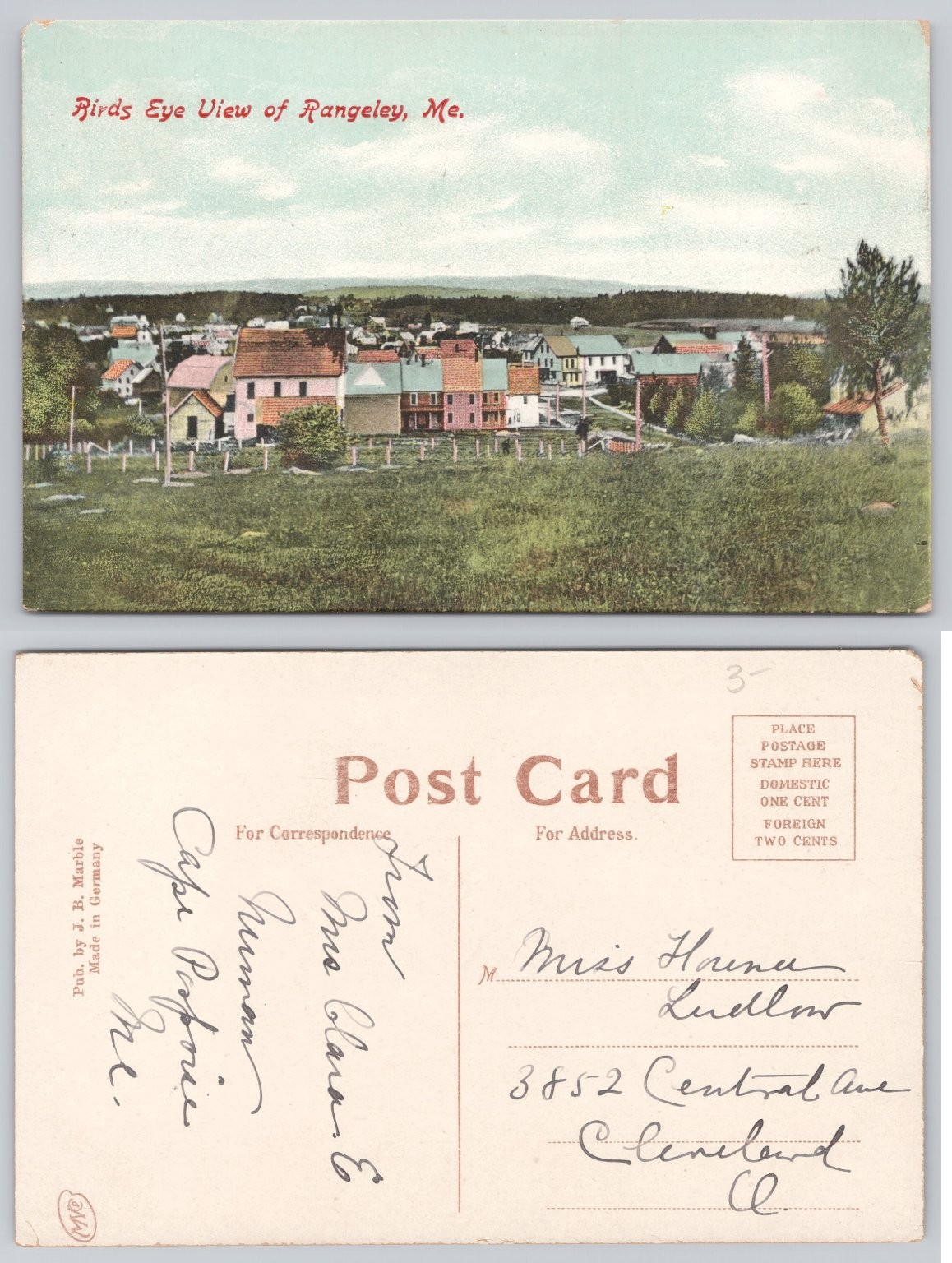 Birds Eye View Rangeley, Maine Postcard J. B. Marble Made in Germany Posted