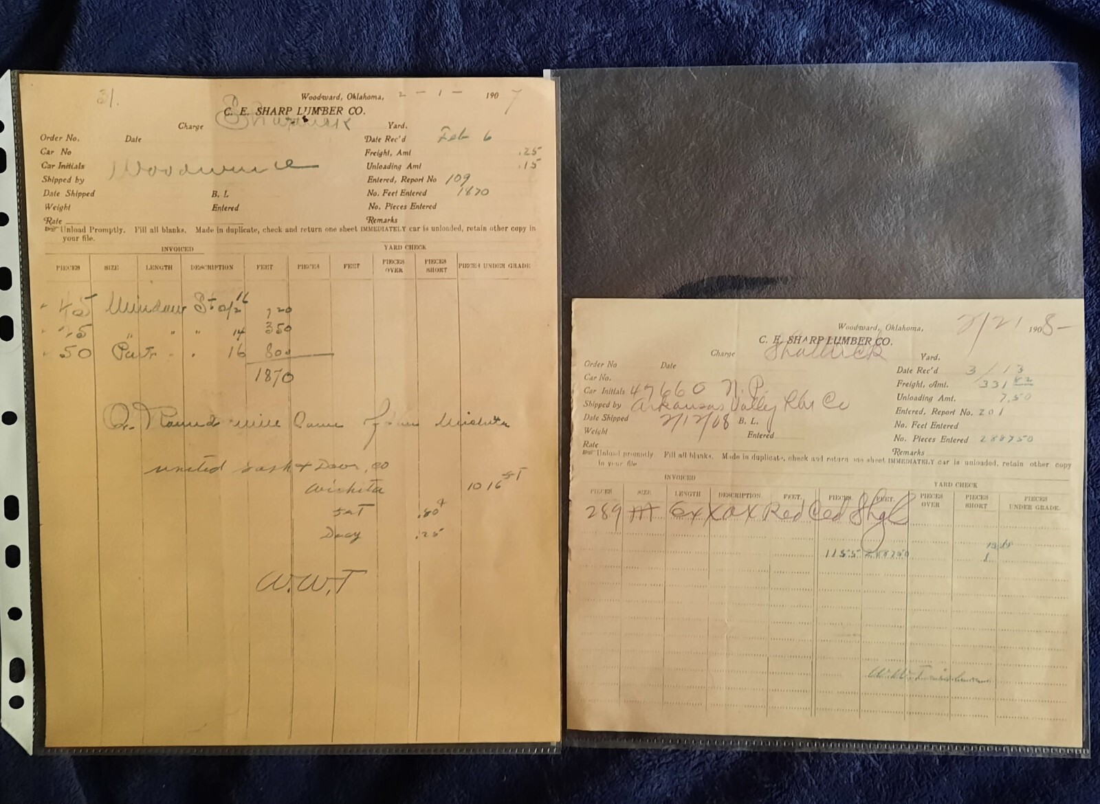 Oklahoma 1907&1908 Before & After Statehood Adoption Original Billhead Receipts Oklahoma 1907&1908 Before & After Statehood Adoption Original Billhead Receipts