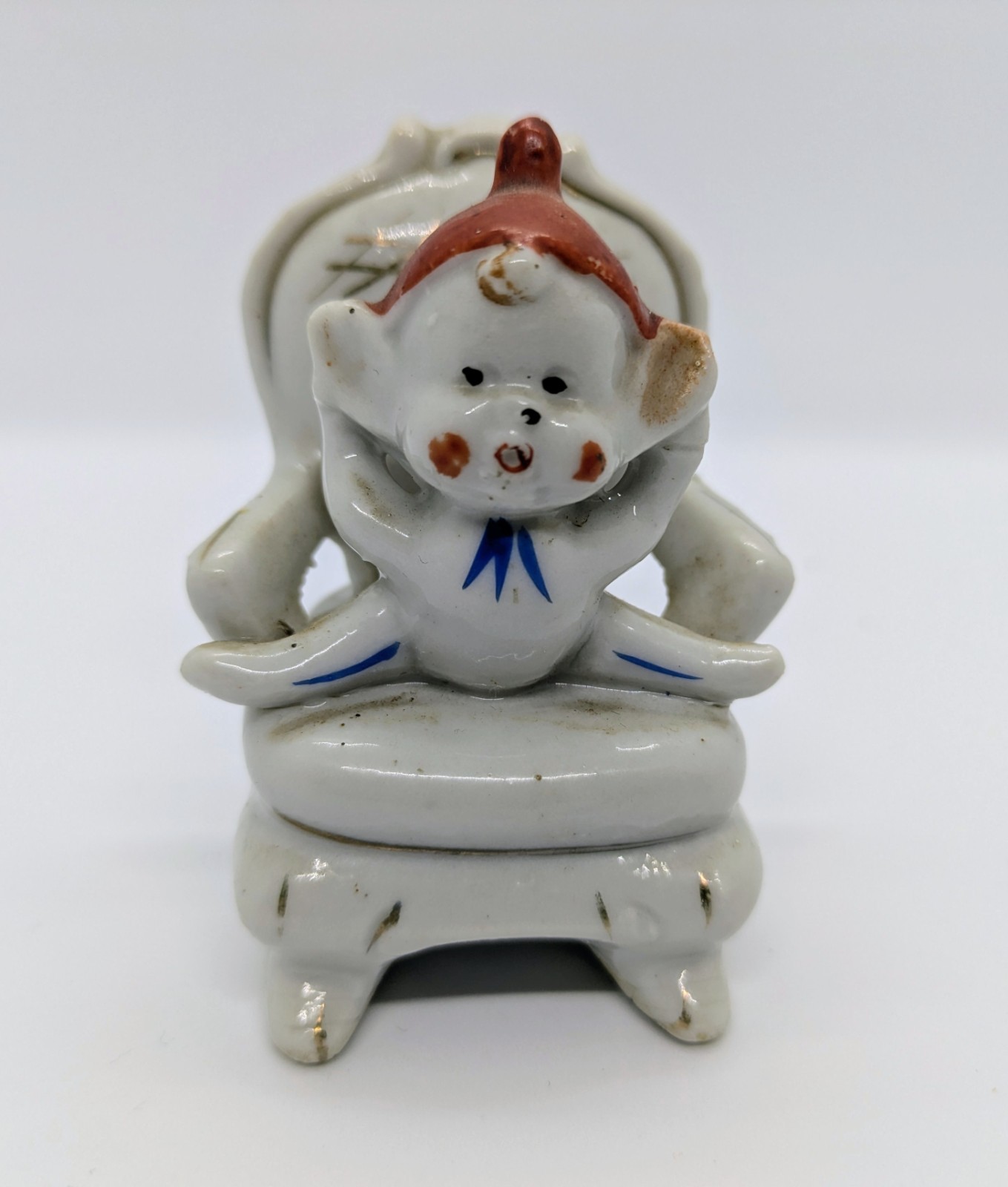 Vintage 1950s Japan Gilt Porcelain Elf On Victorian Chair Pixie Sprite 3\