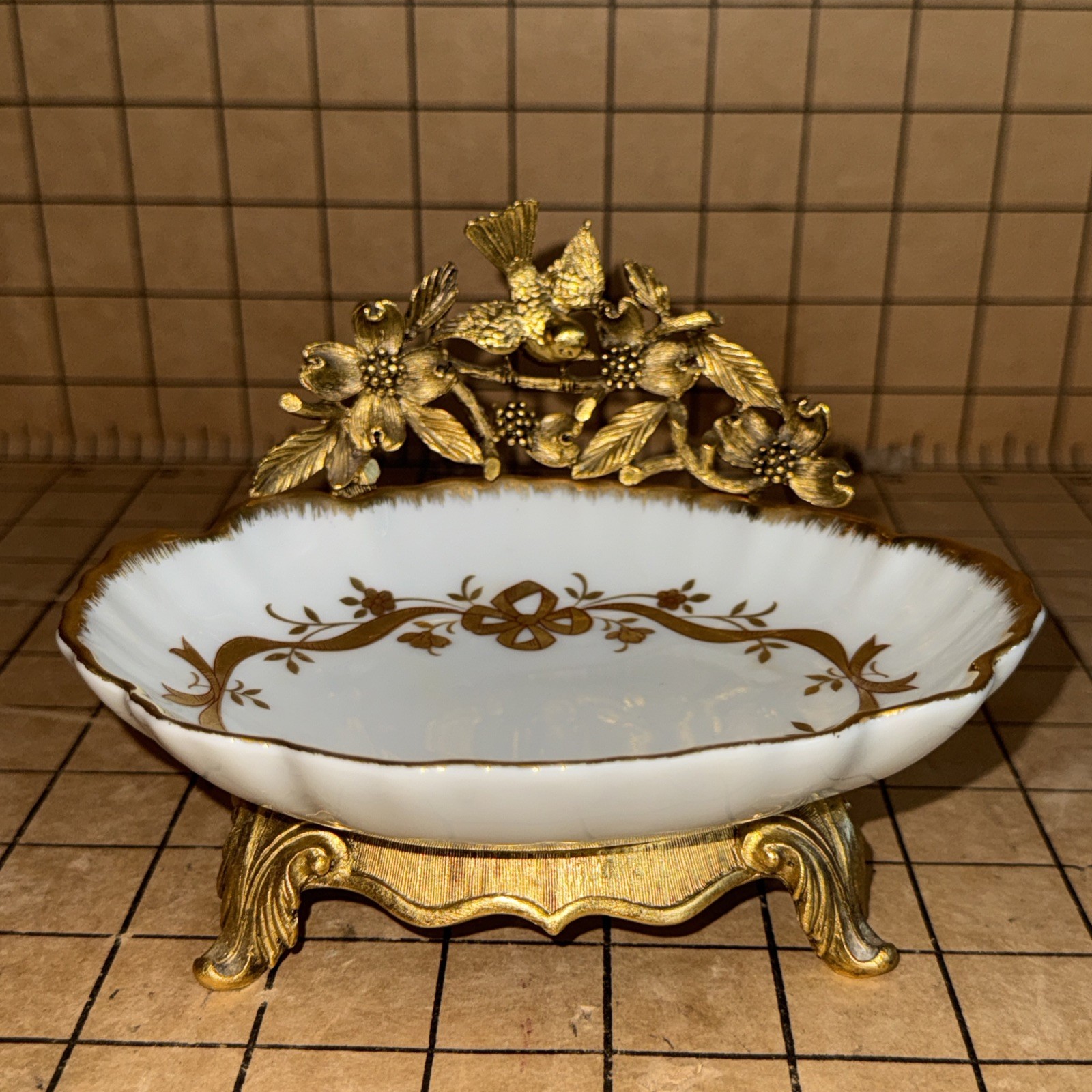 Vintage Matson Soap Dish Ormalu Bird Dogwood Hollywood Regency Gold Plated