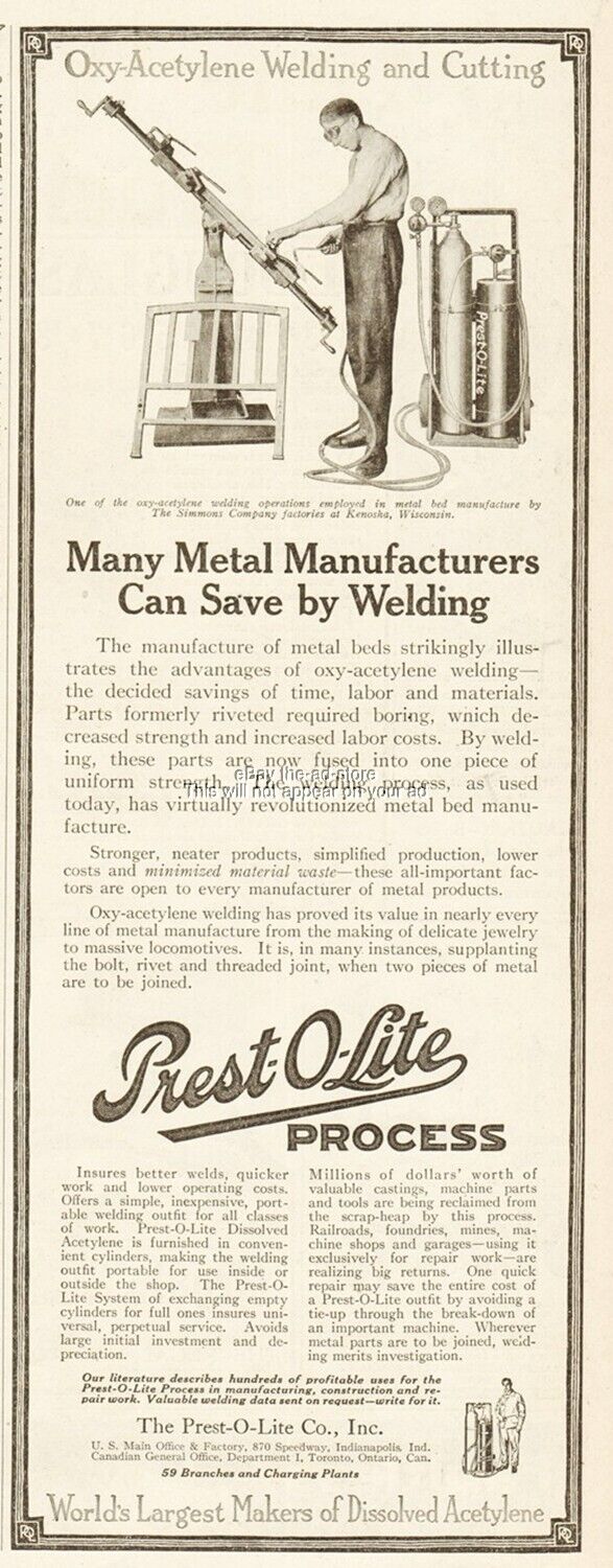 1917 Prest-O-Lite Indianapolis IN Ad Acetylene Welding Simmons Kenosha Wisconsin