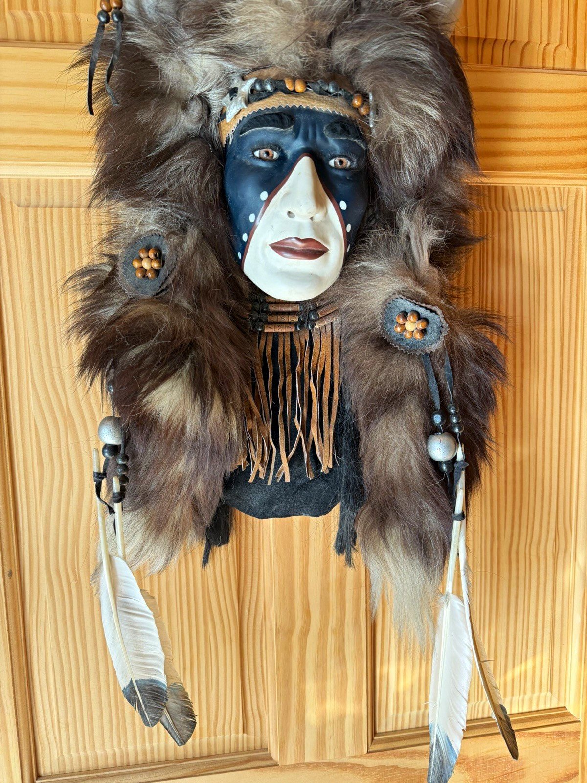 Vintage Native American Style Mask Headdress w/ Faux Fur Horns Feathers Beaded
