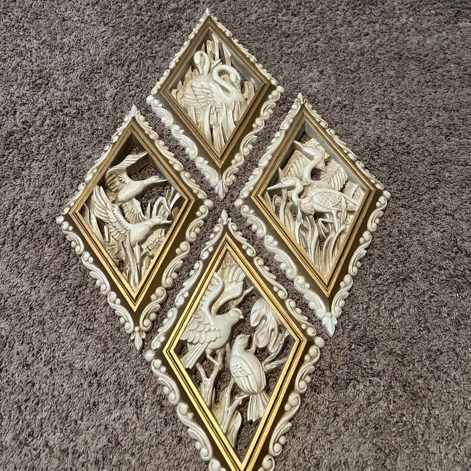 Set Of 4 Burwood MCM VINTAGE Bird Water Fowl Plaques. Plastic. Cream And Gold