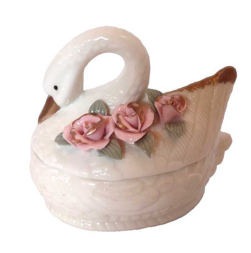 Vintage Porcelain Swan with Roses Trinket Box NIB