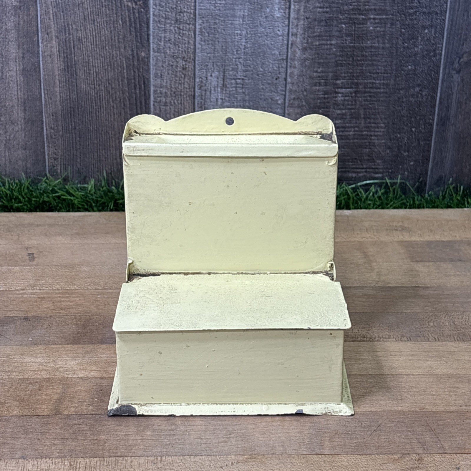 Vintage 1940s 50s Metal Wall Match Holder Butter Yellow Calendar Mfg Wichita KS