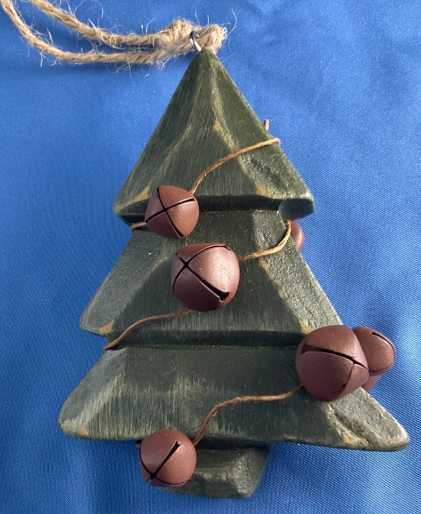 Primitive Wooden Pine Tree W/ Metal Bells Rustic Green Christmas Farmhouse 2006
