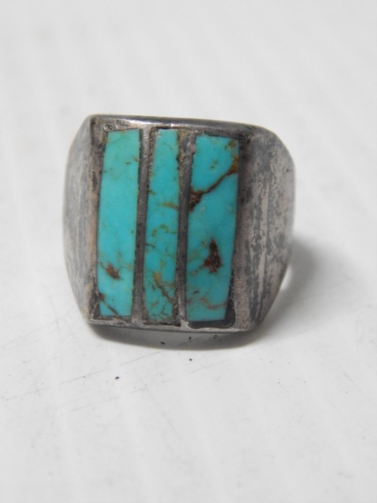 VINTAGE MAN'S RING NAVAJO INDIAN STERLING SILVER CHNL INLAY TURQUOISE SZ: 10.25+
