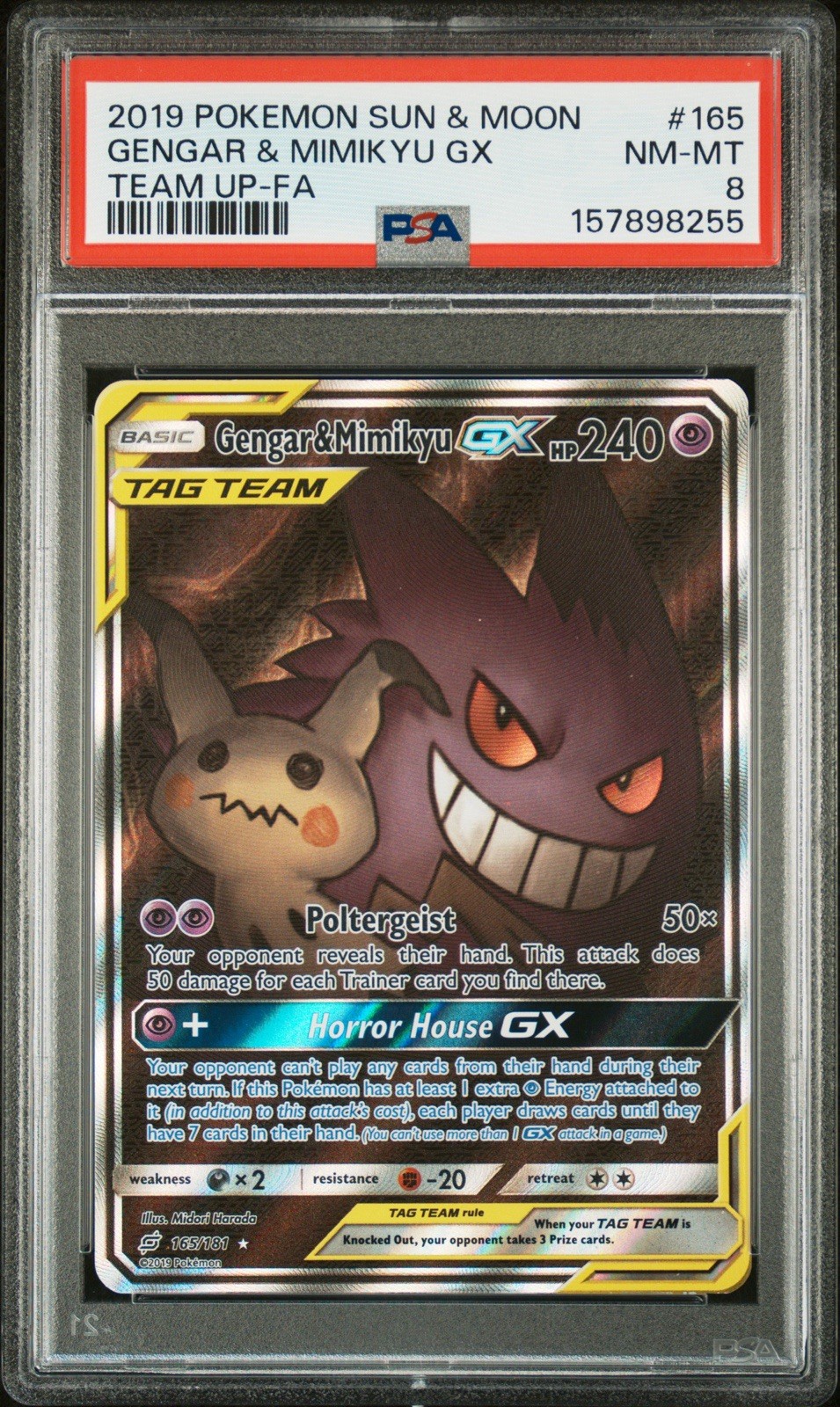 2019 POKEMON SUN & MOON TEAM UP #165 GENGAR & MIMIKYU GX TEAM UP-FA PSA 8