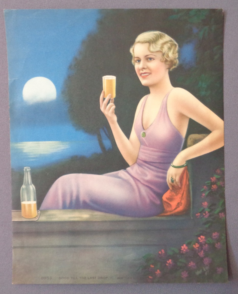 Antique 1930s Art Print Good Till the Last Drop Pretty Lady & Bottled Drink Moon