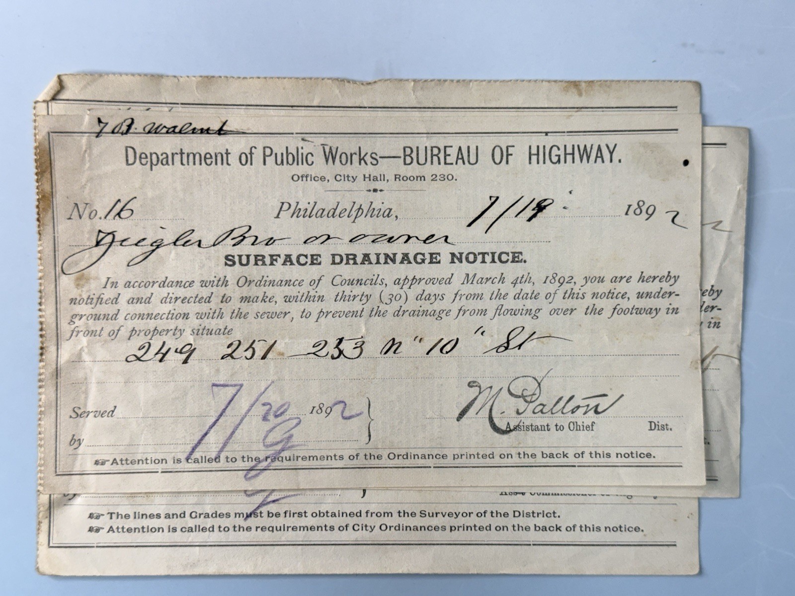 Philadelphia Bureau of Highways 1892 Sewer Sidewalk Notices Original Lot