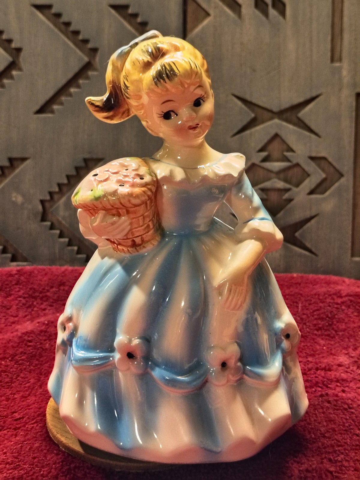 Vtg 1950s Ceramic Girl Musical Figurine Blue Dress Ponytail w/Flower Basket 1950