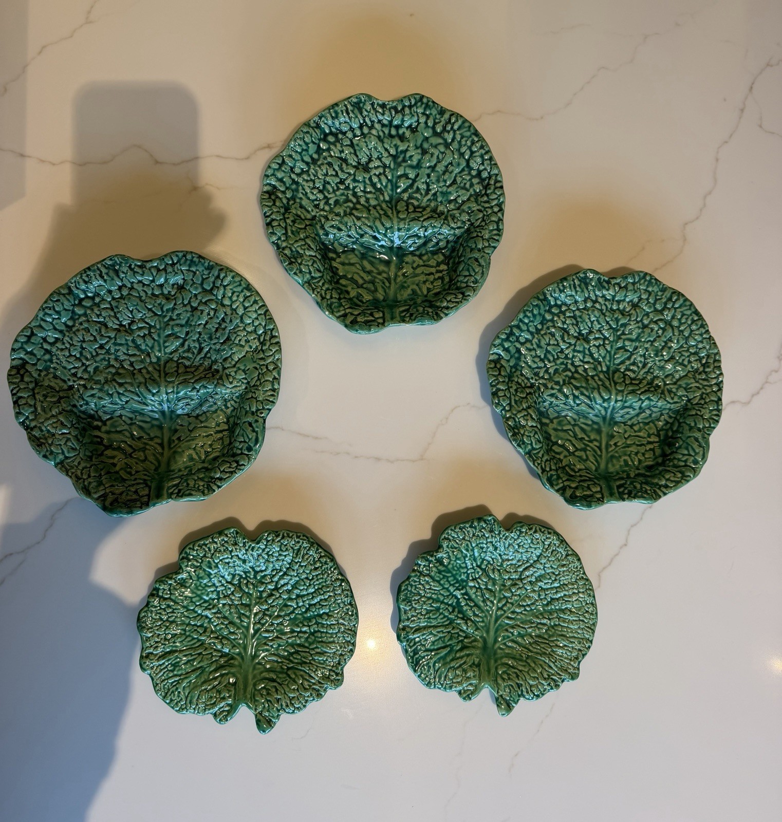 Antique French Majolica Barbotine Green Cabbage Leaf Plates Set of 5 c.1900