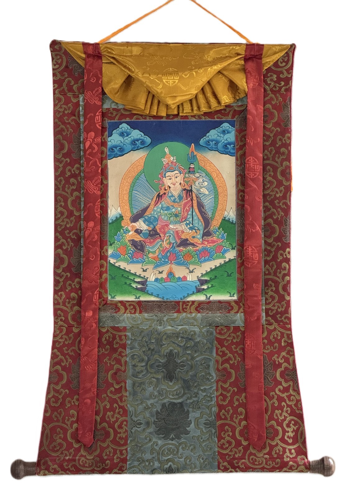 GURU PADMASAMBHAVA  HAND PAINTED SMOKY  TIBETAN THANGKA WITH SILK BROCADE