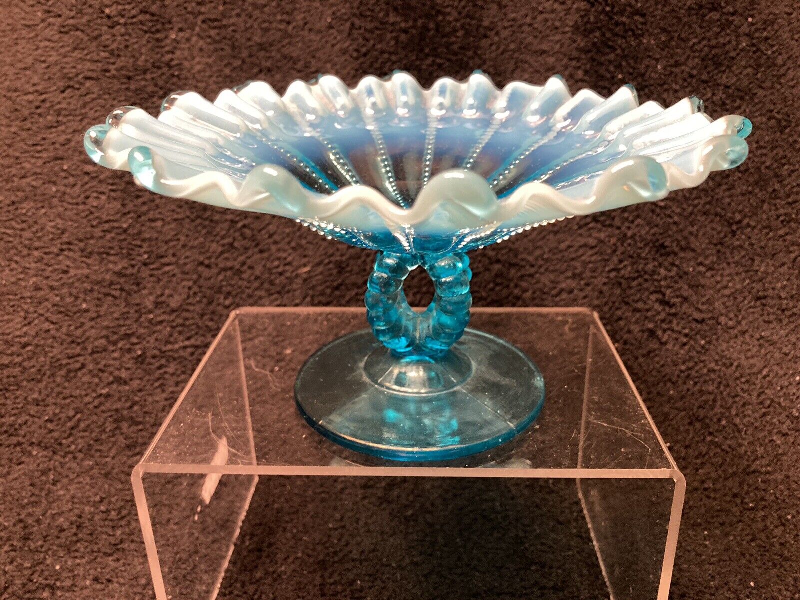 Vintage Antique Northwood Dugan Blue Opalescent Glass Beaded Panel Compote Dish