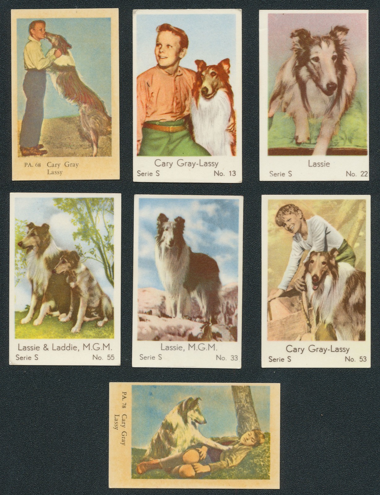 (7) 1957-1958 LASSIE & CARY GRAY DUTCH GUM CARDS: SERIE S 13 22 33 53 55, PA 68