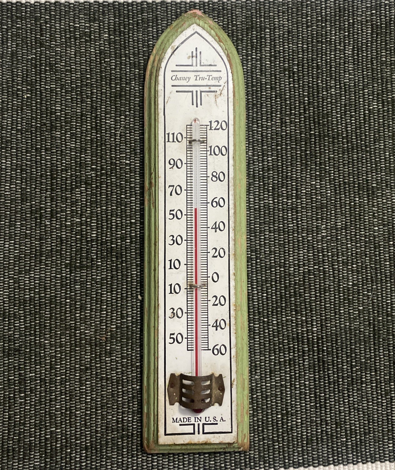 Vintage Chaney Tru-Temp Thermometer Wood Frame Green Art Deco USA Wall Mount