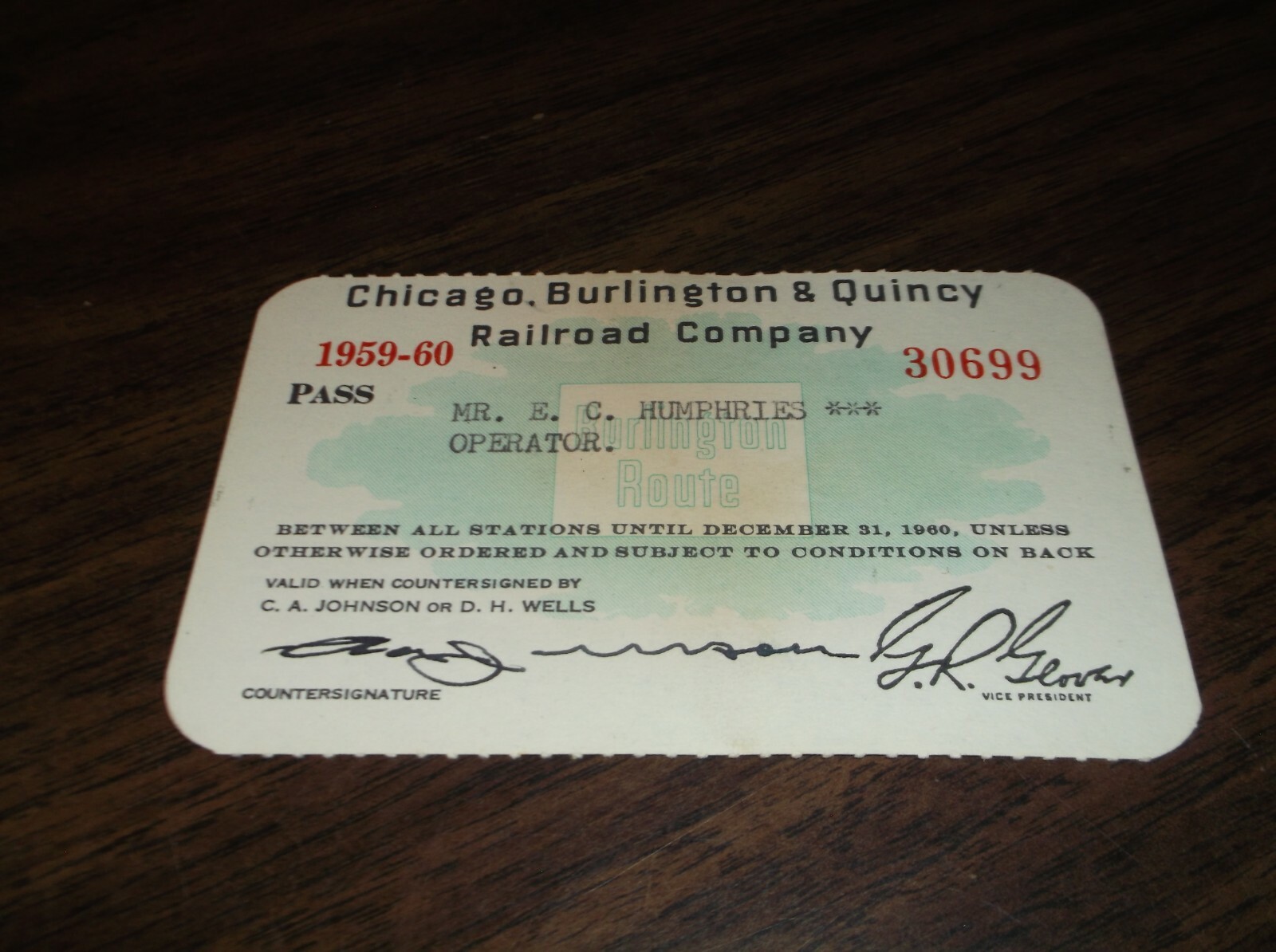 1959-1960 CHICAGO BURLINGTON & QUINCY CB&Q EMPLOYEE PASS #30699