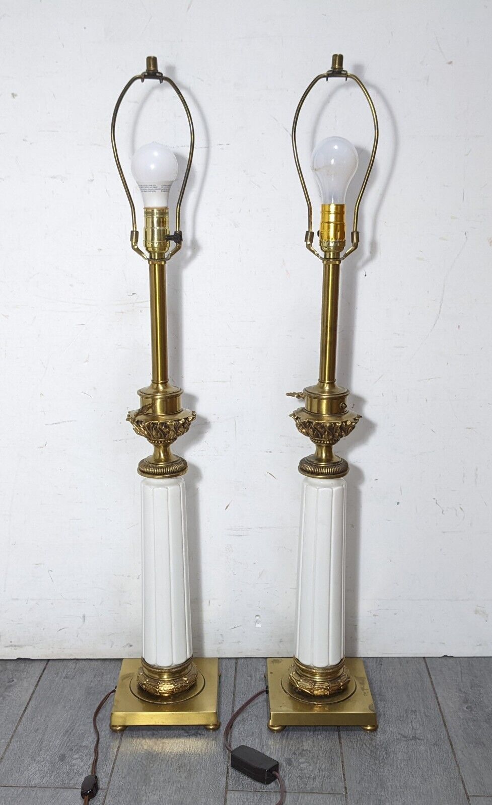 Vintage Pair Stiffel Cream Ceramic & Brass Column Table Lamps Hollywood Regency