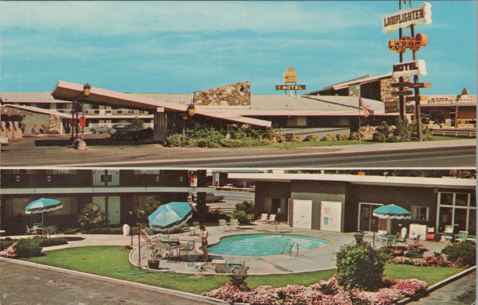 Lamplighter Lodge Red Bluff CA motel 2 views pool California postcard N523