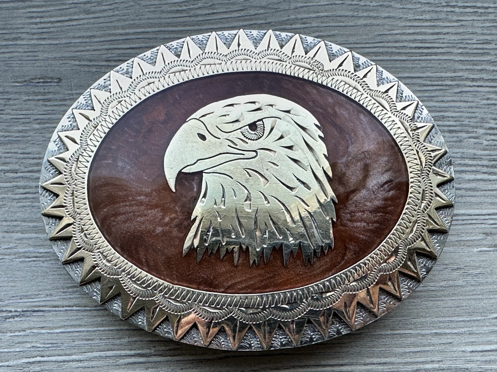 Vtg Johnson Held Eagle Mother of Pealr Inlay Hand Crafted Western Belt Buckle