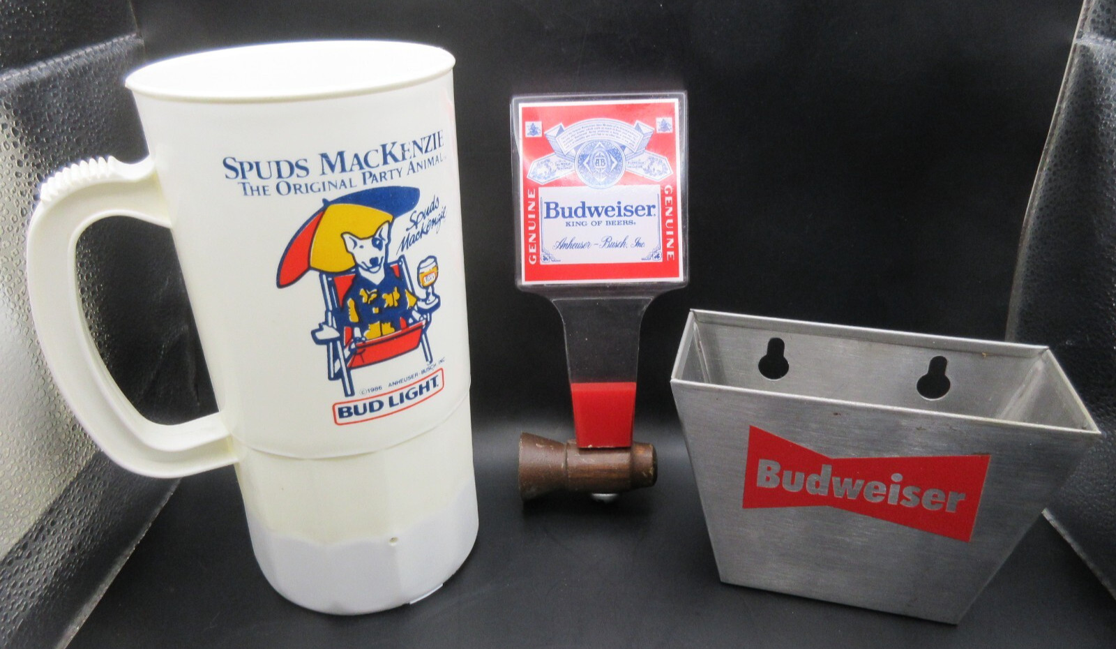 RARE Vtg Budweiser Beer Bar Pull Handle + Steel Wall Holder + Plastic Mug Cup