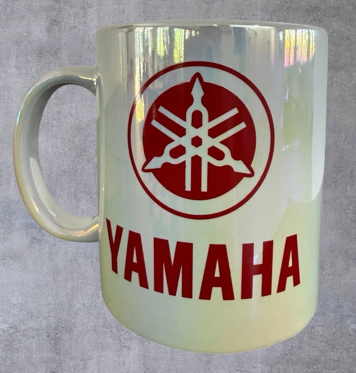 Vintage Yamaha Mug Iridescent Pearl Coffee Cup Tuning Fork Logo Motorcycle Promo Vintage Yamaha Mug Iridescent Pearl Coffee Cup Tuning Fork Logo Motorcycle Promo