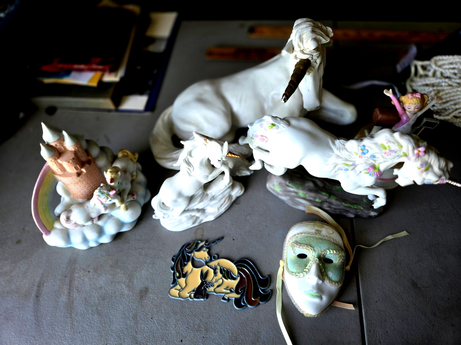 Lot of 4 Ceramic Unicorn Figurines, Unicorn light catcher, girl music box, mask