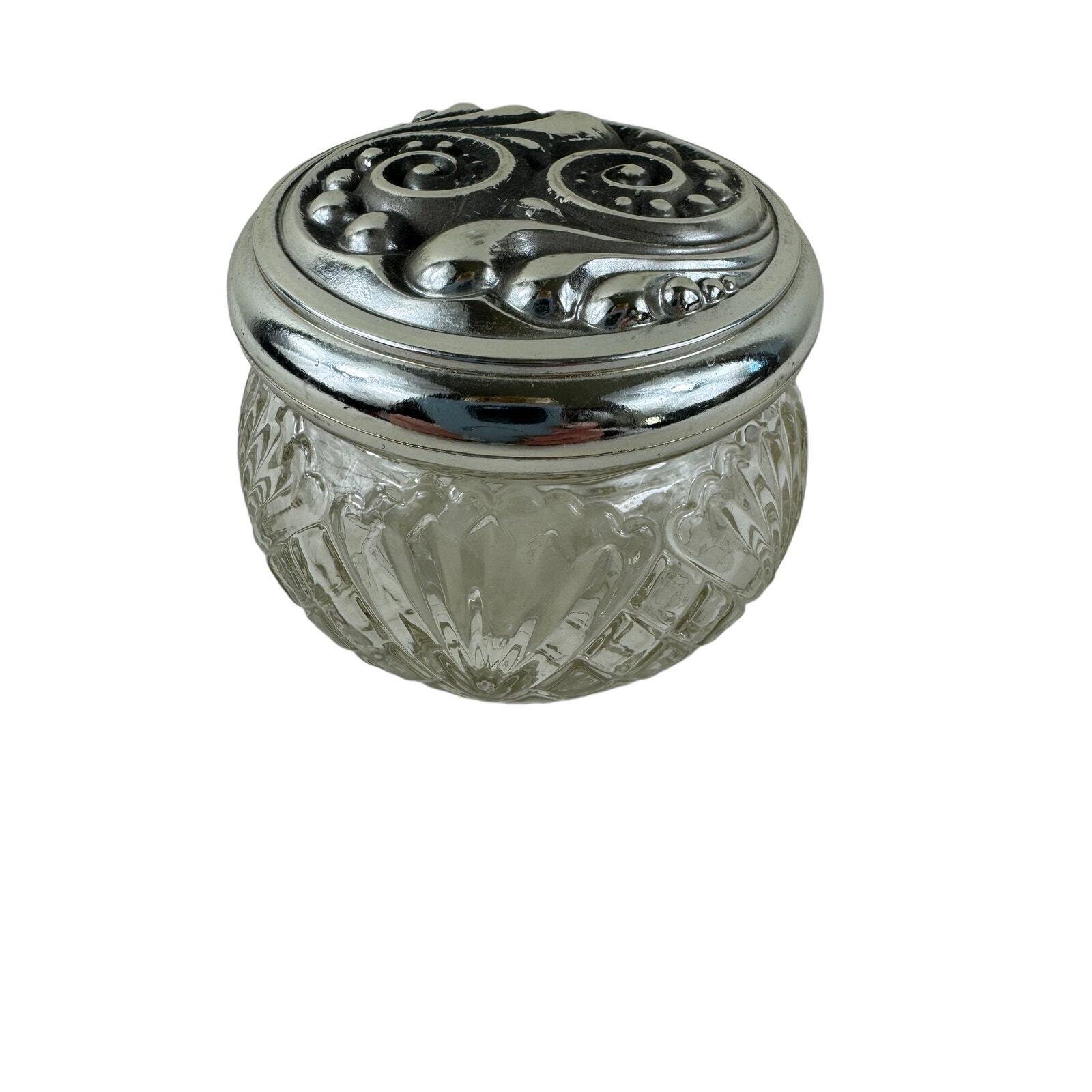 Avon Vintage Collectible Empty Glass Jar Silver Plate Embossed Lid Decorative