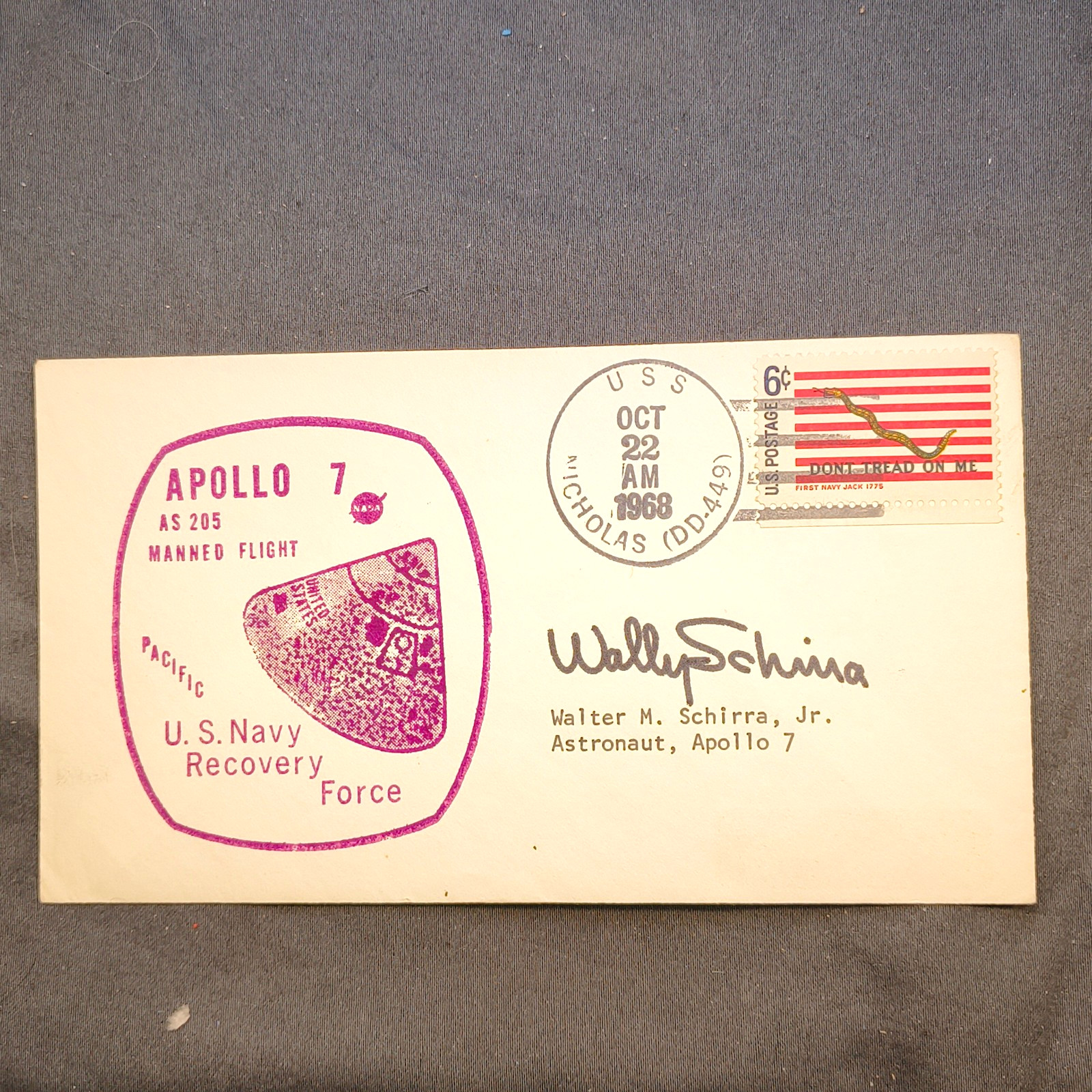 Apollo 7 Recovery Cover USS Nicholas OCT 22 1968 Wally Schirra Facsimile